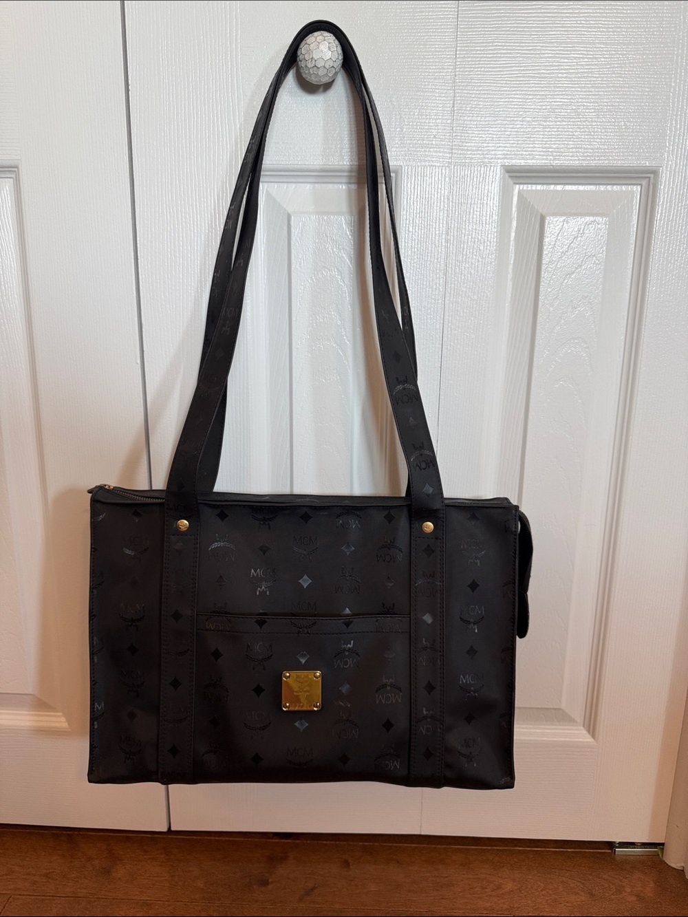 MCM Black Logo Tote with Gold Plaque